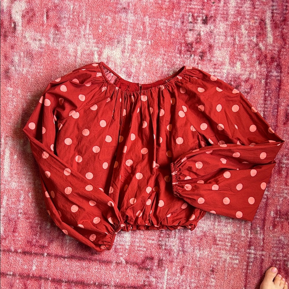 Maeve Anthropologie Red Polka Dot Long-Sleeve Crop Top